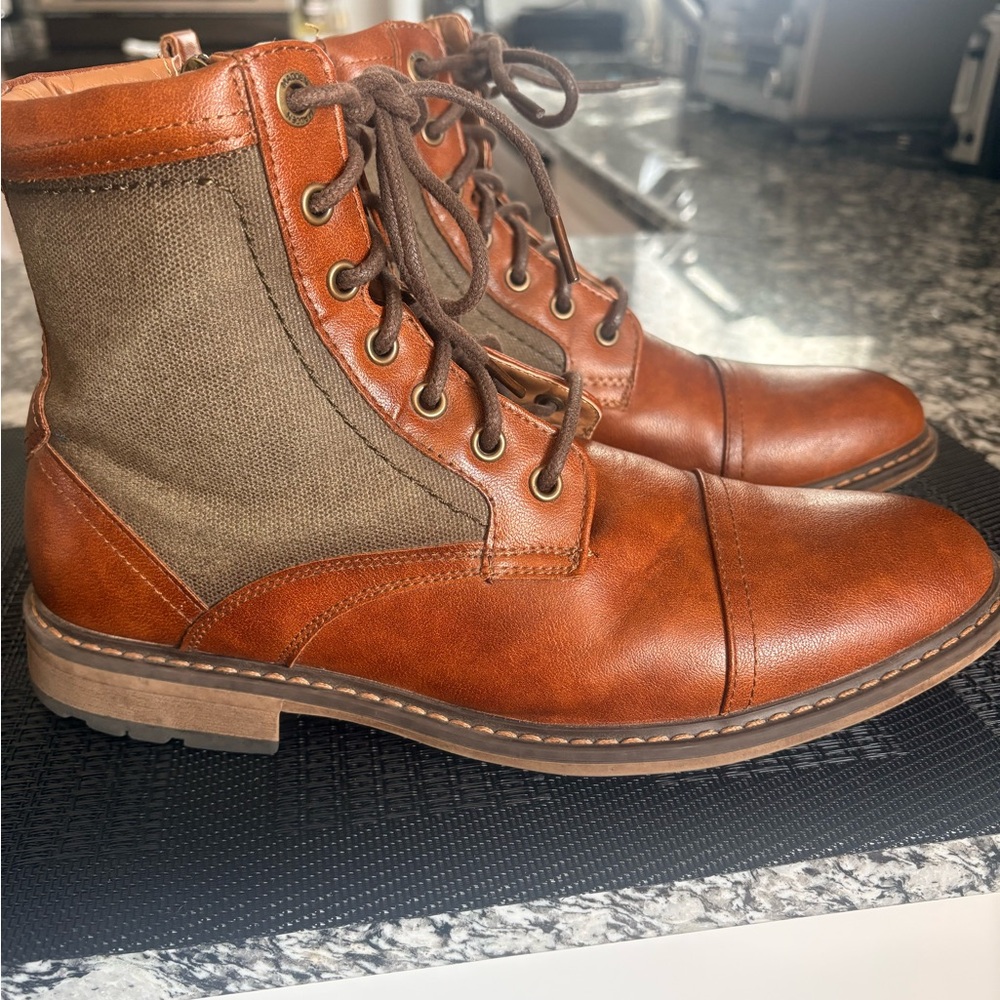 Men's Brown Leather & Canvas Lace-Up Boots - Classic Casual Style